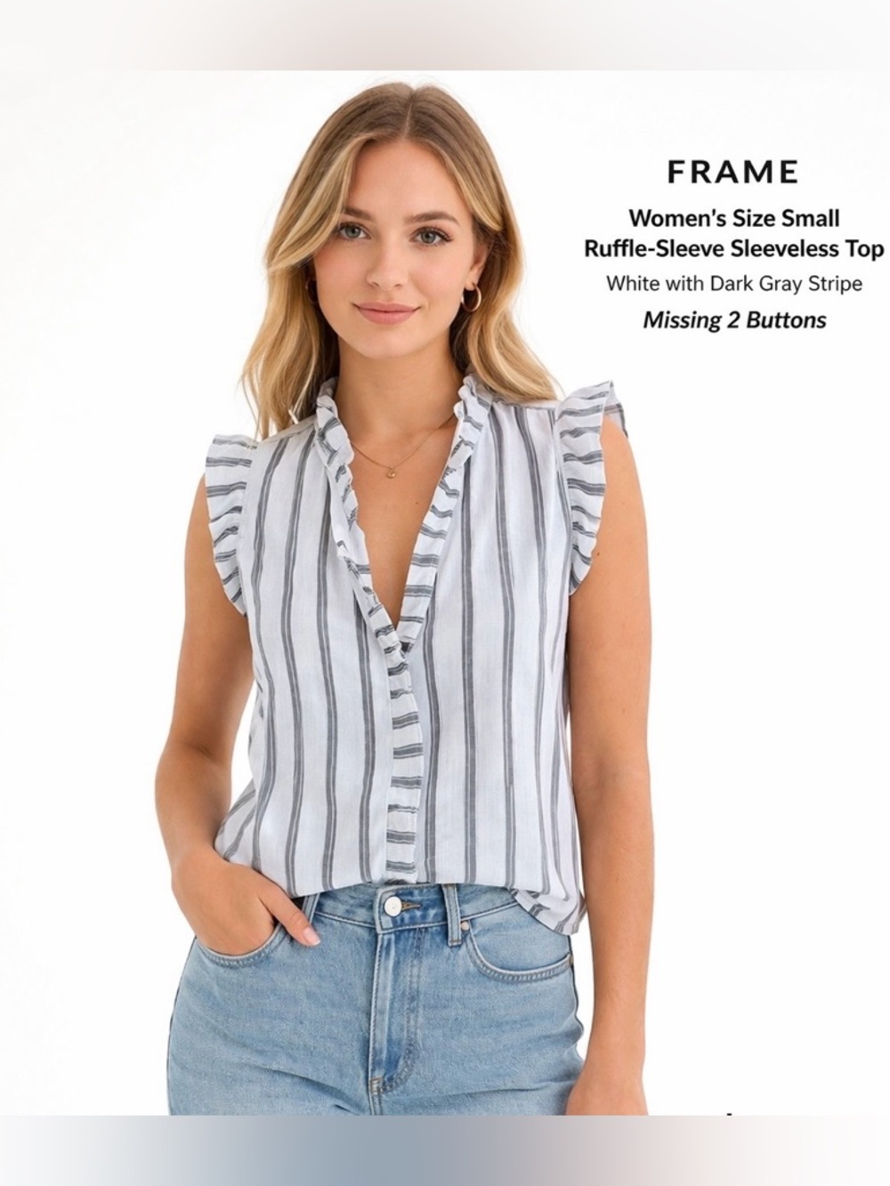 Women’s FRAME White w/ dark gray Stripe Ruffle-Sleeve Sleeveless Top Size Sma